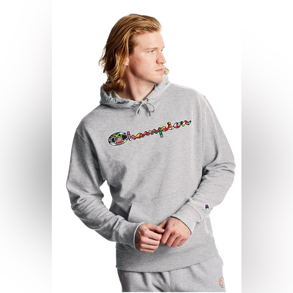 NWT Men’s Champion Light Gray/Multicolor Flags Powerblend Pullover Hoodie SZ XXL